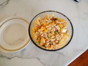 Kraft Green Box Pasta Salad made as Egg Salad (on back) with added Ham 