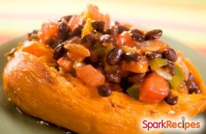 Cheesy Vegetarian Sweet Potato with Beans RECIPE