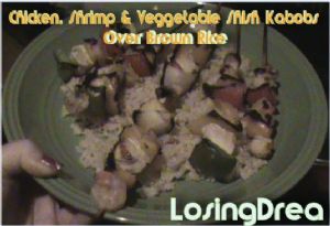 Chicken, Shrimp and Vegetable Shish Kabobs Over Brown Rice