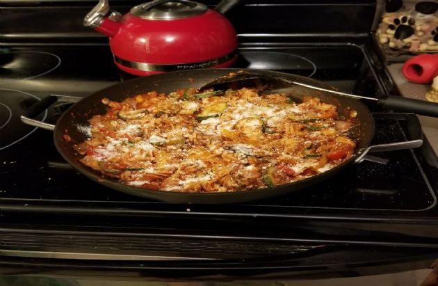 Red Lentil Pasta with Zucchini, Peppers, Garlic, Onions