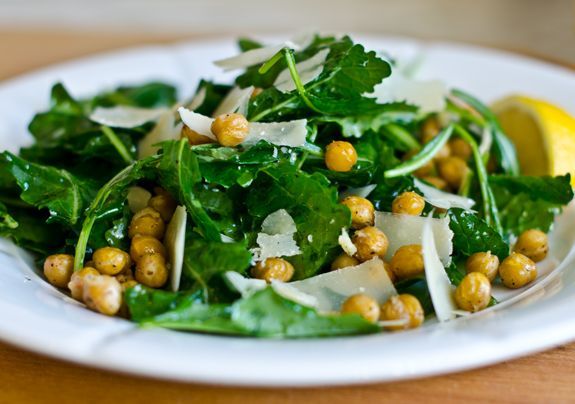 Baby Kale Salad with Lemon, Parmesan & Crispy Roasted Chickpeas