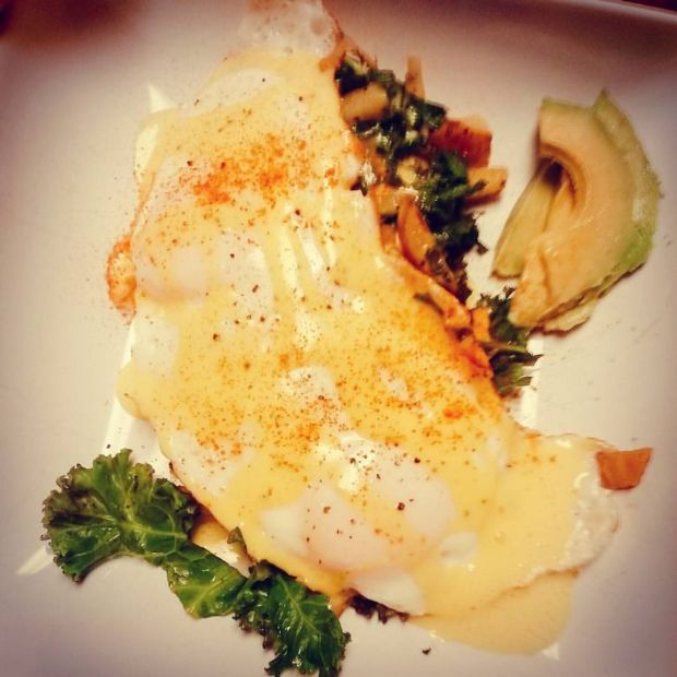 Eggs with Mock Hollandaise Sauce over Sweet Potato and Kale Hash