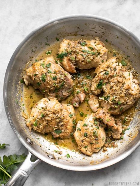 Herb and Butter Chicken Thighs with Garlic Roasted Potatoes