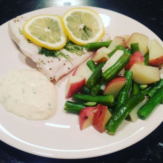 Martini Halibut with creamy dill sauce