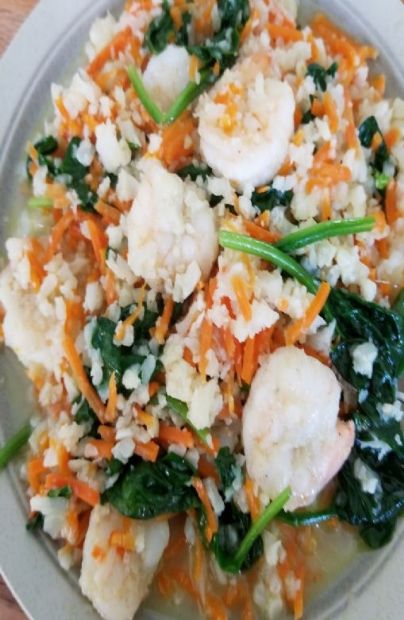 Riced Cauliflower Spinach Carrots Shrimp