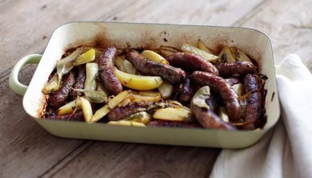 Rick Stein sausages with lemony potatoes 