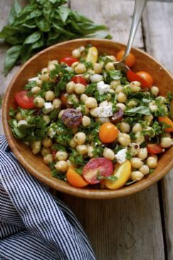 SUMMER CHICKPEA KALE SALAD WITH FETA, OLIVES & BASIL