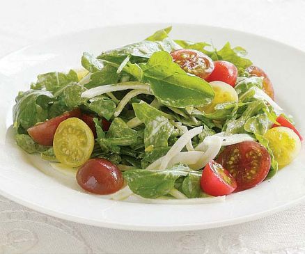 Heirloom Cherry Tomato, Fennel & Arugula Salad with Goat Cheese Dressing