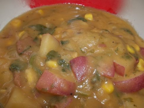 Smokey Potato Corn Chower with Spinach and Bacon