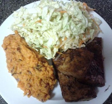 Agave-Lime Grilled Tofu with Asian Slaw and Mashed Sweet Potatoes-Vegan