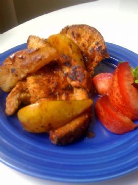 Tangy, Whole Wheat, Vanilla-scented French Toast w/ lightly poached, cinnamon-infused pears and a cinnamon and maple sauce.