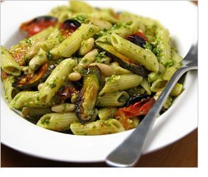 White Bean Pesto Pasta with Fast-Roasted Tomatoes & Zucchini