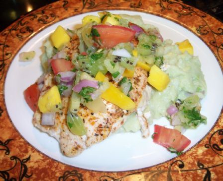 Mango Salsa Chicken with avocado mashed potatoes