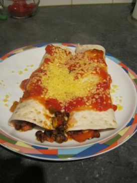 Black bean, bacon, and lentil burritos