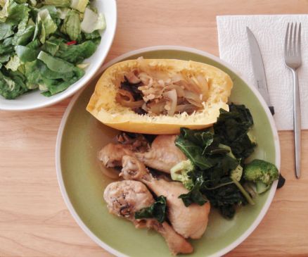 Organic Chicken Legs w/ Mushroom Gravy, Spaghetti Squash & Greens