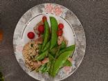 pevers96080 Garlic Pork with Sugar Snap Peas Over Kale Ginger Rice