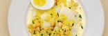Chickpeas and smoked haddock with soft boiled egg