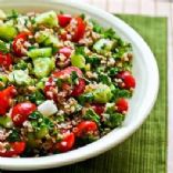 Bulgar, red pepper,, cucumber, tomato, and feta salad