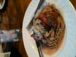 Giada de Laurentiis spaghetti with beef, smoked almonds, and basil - revamped