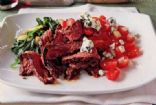 Grilled Basalmic Skirt Steak w/ Sauteed Baby Spinach and Tomato-Vidalia-Blue Cheese Salad