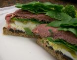 Roast Beef Whole grain Open Sandwich with Spinach, Egg, Fresh Mozzarella & Prunes