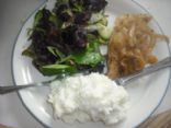 Chicken in Spicy and Sweet Onion Sauce with Goat Cheese Smashed Potatoes and a Watercress and Cucumber Salad